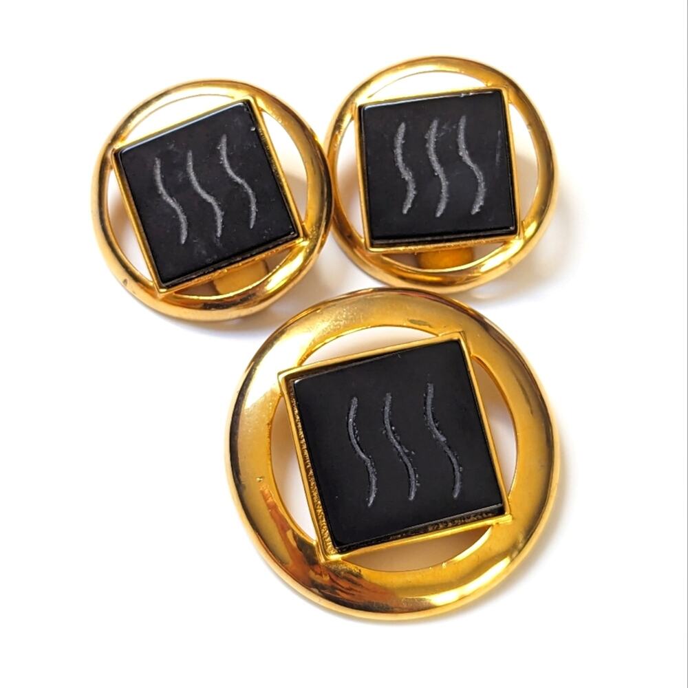 Vintage Oversized Demi-Parure Gold Tone Acrylic Inlay Statement Earrings Brooch